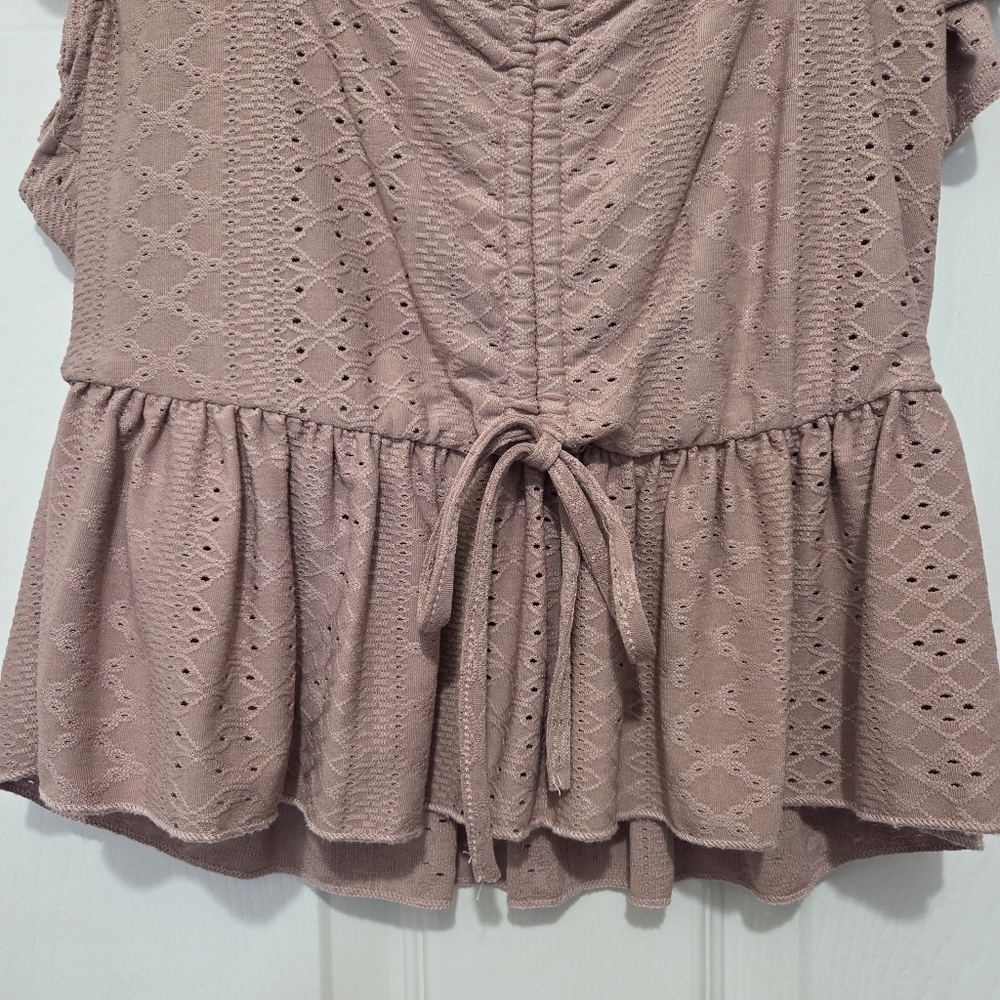 Women Butterfly Sleeve Lettuce Trim Peplum Dusty Pink Boho Crop Top Size Small - Picture 7 of 11